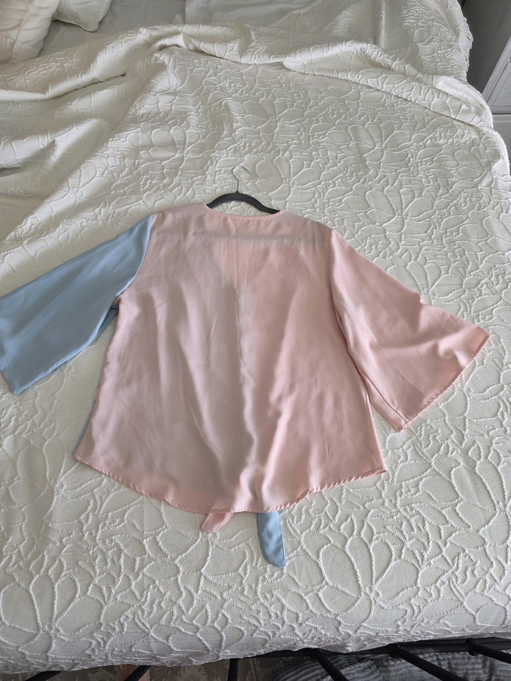 Two-Tone Pink & Light Blue Button-Front Tie-Hem Blouse - Picture 2 of 2